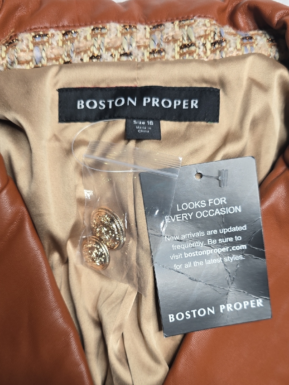 Boston Proper Faux Leather Trim Neutral Tweed Double Breasted Blazer Sz 16 NWT - Picture 7 of 9